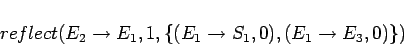 \begin{displaymath}reflect(E_2\rightarrow E_1, 1, \{(E_1\rightarrow S_1,0), (E_1\rightarrow E_3,0)\})\end{displaymath}