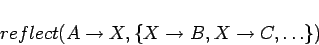 \begin{displaymath}reflect(A\rightarrow X, \{X\rightarrow B, X\rightarrow C,\ldots\})\end{displaymath}